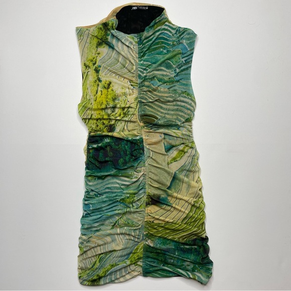 ZARA Mock High Neck Printed Tulle Mini Sleeveless Doubled Lined Dress - Picture 5 of 8